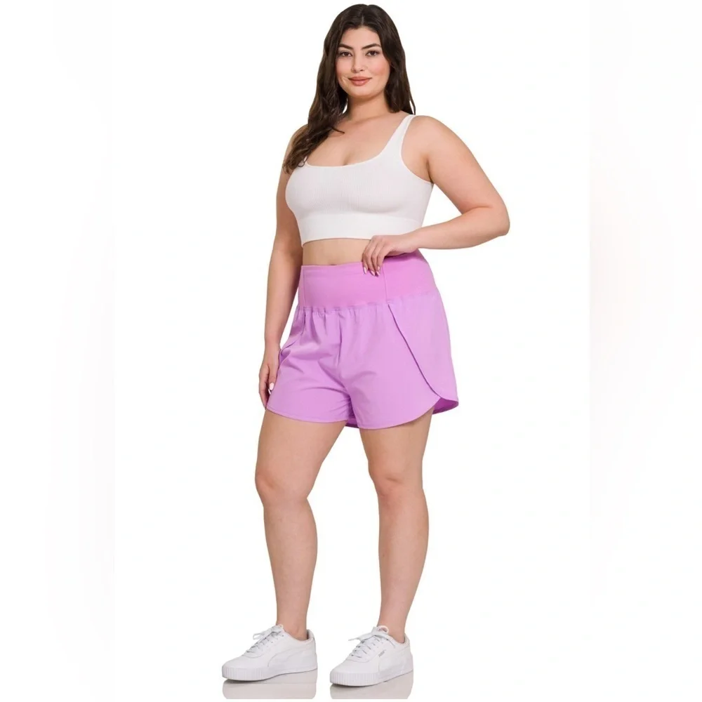 Zenana Plus Size Olive High Waist Zipper Back Pockets Running Shorts - Picture 5 of 5